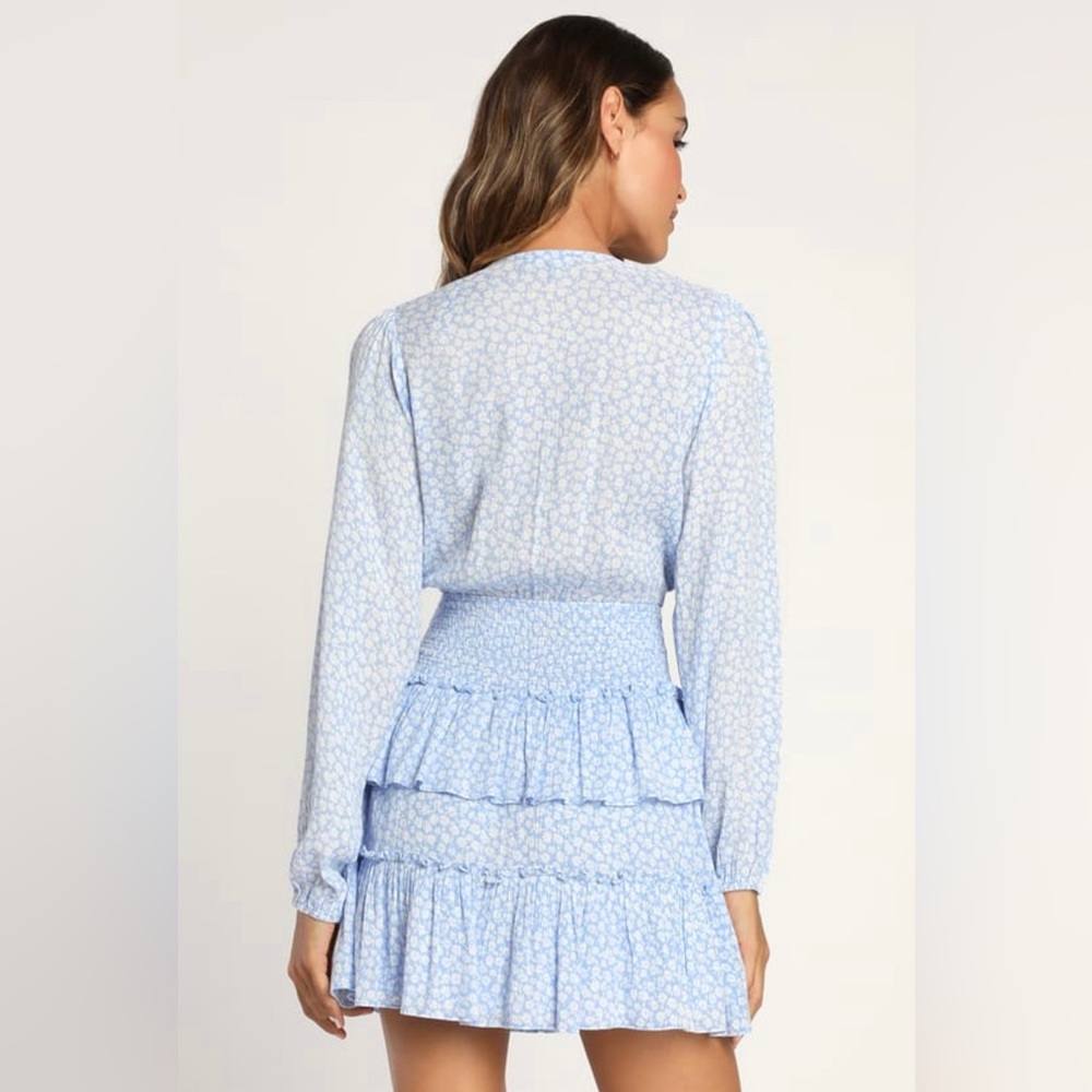 Cheery Cutie Light Blue Floral Print Tie-Front Tiered Mini Dress - Picture 3 of 6